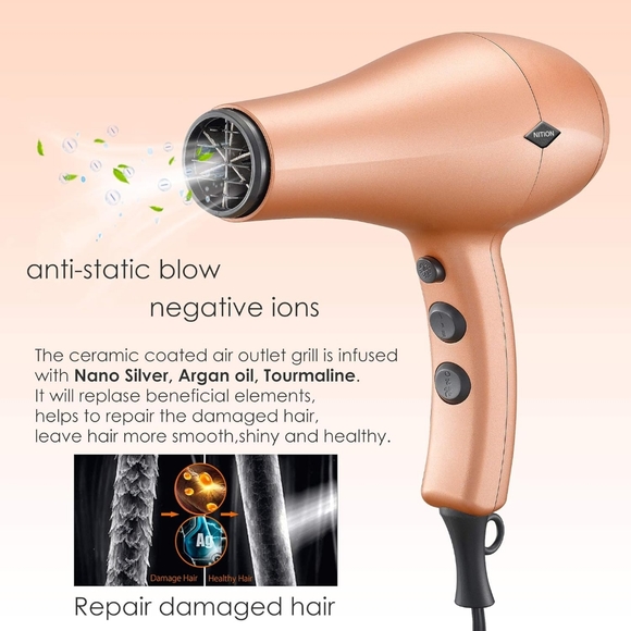 NITION Ceramic Hair Dryer with Diffuser Ionic Blow Dryer Quick Drying 1875 Watt - Picture 2 of 7